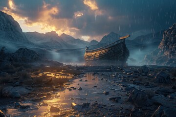 Noah's Ark with dark clouds and rain - obrazy, fototapety, plakaty