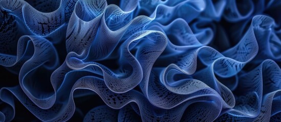 A close up view showcasing the intricate loop structure of a dark blue fabric. The texture appears rich and detailed, with a deep blue hue dominating the image.