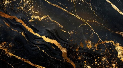 Abstract ocean- ART. Natural Luxury. Style incorporates the swirls of marble or the ripples of agate. Very beautiful black paint with the addition of gold powder - generative ai