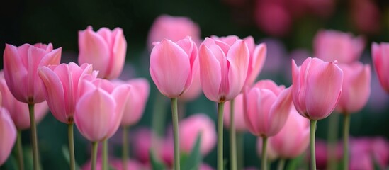 Glorious blooming pink tulips bush in a vibrant garden setting under the sun's warm glow