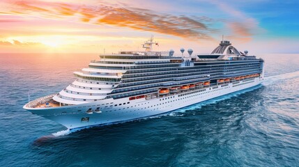A grand cruise ship sailing on serene ocean waters under the vibrant colors of a stunning sunset