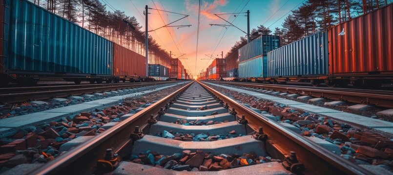 Cargo train transporting sea containers along train tracks by a forest in a side view perspective