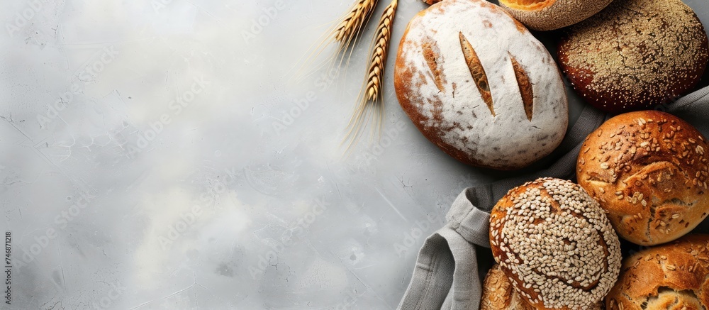 Poster a variety of different types of multigrain rustic bread are arranged on a table, displayed on kitche