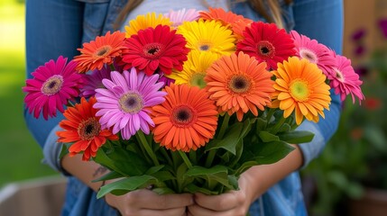 Close up of woman s hands holding a vibrant bouquet of colorful flowers in a beautiful display