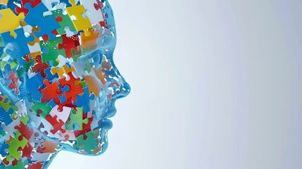 Human head profile with jigsaw puzzle pieces, concept of cognitive psychology and psychotherapy - obrazy, fototapety, plakaty