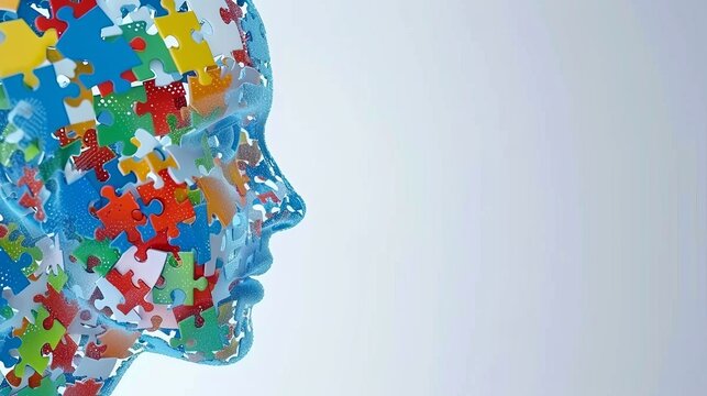 Human head profile with jigsaw puzzle pieces, concept of cognitive psychology and psychotherapy