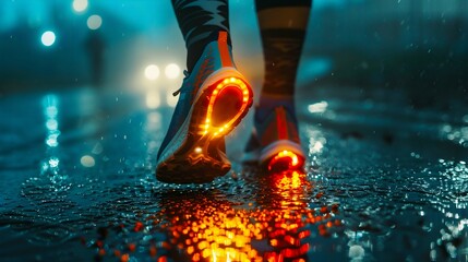 Nighttime Runner with Illuminated Shoes on Wet Surface. Generative ai