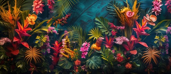Obraz premium This painting showcases a variety of tropical plants and flowers in full bloom, including vibrant palms and colorful blossoms. The lush vegetation creates a lively and dynamic composition that