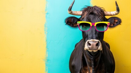 Humorous cow wearing stylish sunglasses in front of soft pastel color studio backdrop