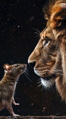 Confrontation of Lion and Rat on Black Background. Generative ai