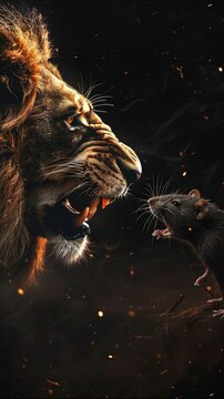 Confrontation of Lion and Rat on Black Background. Generative ai