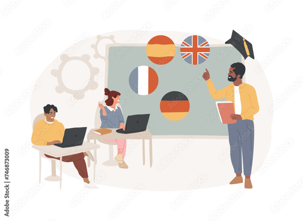Aufkleber foreign language workshop isolated concept vector illustration. foreign language learning group, nat