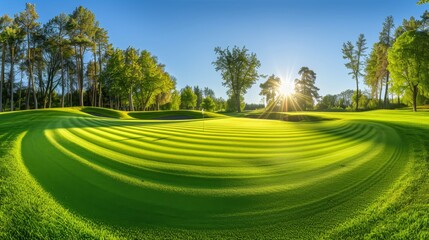 Panoramic view of golf course with rich green turf, beautiful scenery for golfing enthusiasts - obrazy, fototapety, plakaty