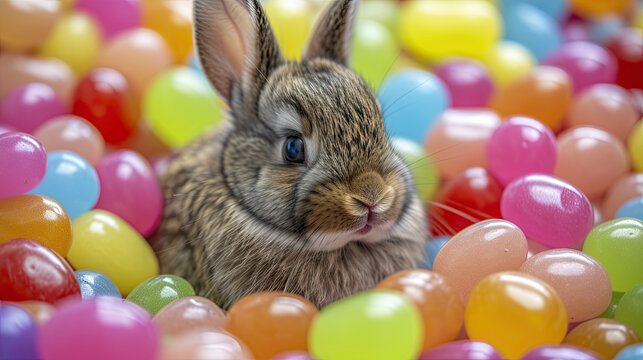 cute easter bunny sitting in pile of bright colorful candy
