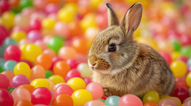 cute easter bunny sitting in pile of bright colorful candy