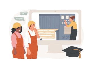 Vocational education isolated concept vector illustration. Professional learning, online vocational technical education, work on automatic lathe, repair machines, student group vector concept.