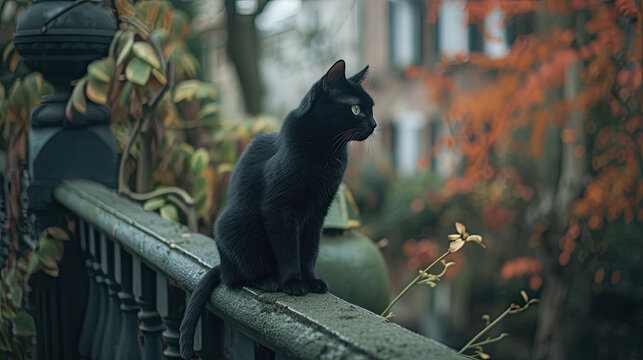 Halloween black cat sitting on dark banister outside in spooky fall setting