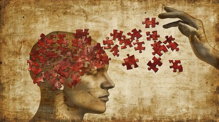 Human head profile with jigsaw puzzle pieces, concept of cognitive psychology and psychotherapy - obrazy, fototapety, plakaty