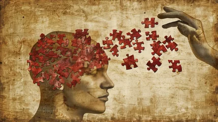 Poster Human head profile with jigsaw puzzle pieces, concept of cognitive psychology and psychotherapy © Ilja