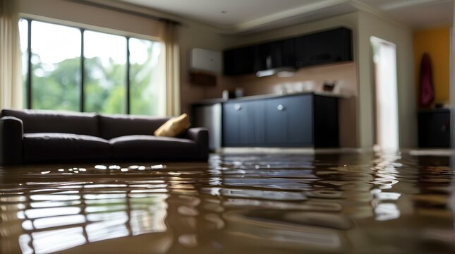 災害、洪水、大雨で家々が浸水、リビング、保険。 ぼやけた背景｜Disaster, flood.Every house is flooded due to the heavy rain.living room, insurance. blurred background. Generative AI
