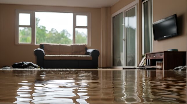 災害、洪水、大雨で家々が浸水、リビング、保険。 ぼやけた背景｜Disaster, flood.Every house is flooded due to the heavy rain.living room, insurance. blurred background. Generative AI