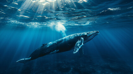 a cinematic photo of a whale in the deep blue sae, Whale is close to camera, beautiful Blue water,  stunning sunbeams cutting through the water - obrazy, fototapety, plakaty