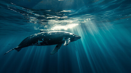 a cinematic photo of a whale in the deep blue sae, Whale is close to camera, beautiful Blue water,  stunning sunbeams cutting through the water