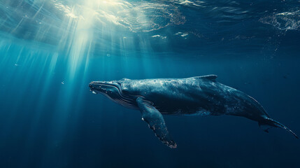 Obraz premium a cinematic photo of a whale in the deep blue sae, Whale is close to camera, beautiful Blue water, stunning sunbeams cutting through the water