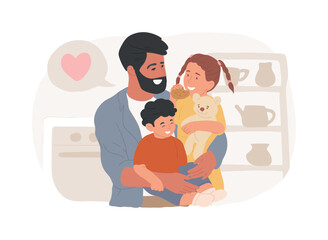Fatherhood care isolated concept vector illustration. Fatherhood institute, care and domestic work, together at home, fathers day, relationship with child, happy kid family vector concept. - 746874232