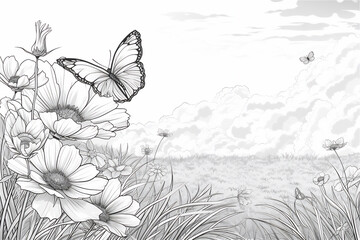 Coloring Pages of spring time with blossom flowers and butterfly