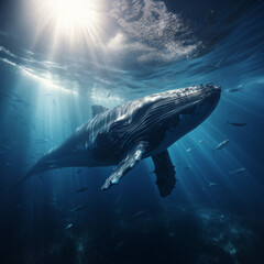 Fototapeta premium a cinematic photo of a whale in the deep blue sae, Whale is close to camera, beautiful Blue water, stunning sunbeams cutting through the water