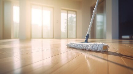 A mop on a wooden floor in front of a window, ready to clean the space and let in natural light.
