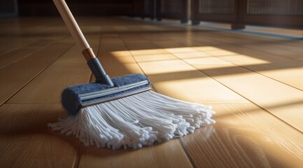 A broom on a wooden floor with sunlight streaming through a window, illuminating the scene. - obrazy, fototapety, plakaty
