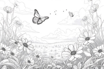 Coloring Pages of beautiful flowers with butterfly
