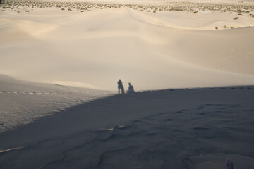 Fototapeta na wymiar Shadow of two people the Mesquite Flat Sand Dunes, Death Valley National Park, California