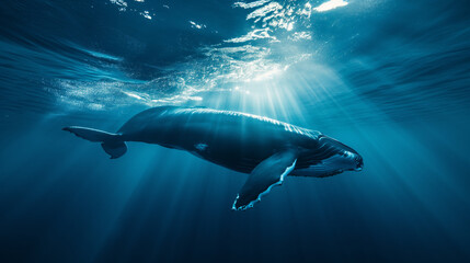 Fototapeta premium a cinematic photo of a whale in the deep blue sae, Whale is close to camera, beautiful Blue water, stunning sunbeams cutting through the water