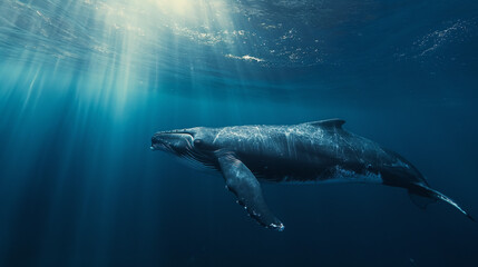 Fototapeta premium a cinematic photo of a whale in the deep blue sae, Whale is close to camera, beautiful Blue water, stunning sunbeams cutting through the water