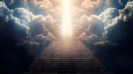 Stairs leading upwards to the sky surrounded by clouds