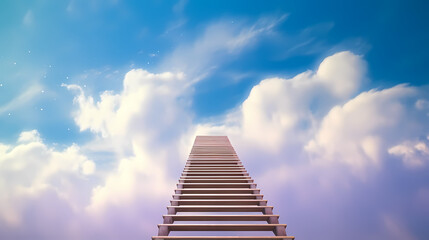 Stairs leading upwards to the sky surrounded by clouds