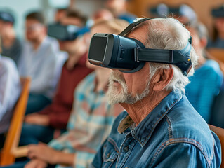 An elderly man wearing virtual reality glasses stands in front of a group of people, classroom. The concept of modern digital learning for older people.
