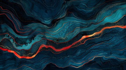 Obraz premium Abstract Marbled Background in Blue and Copper Tones, Artistic Wavy Texture, Elegant Fluid Art for Luxury Design, Wallpaper or Banner