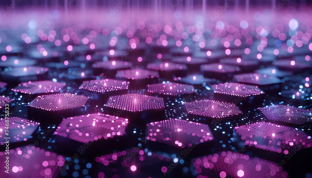 Poster glowing neon hexagons pattern on dark backdrop for creative design projects and artistic concepts
