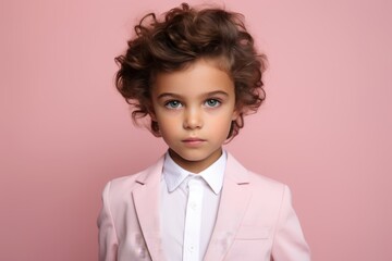 Fashionable little girl with curly hair in a pink suit.
