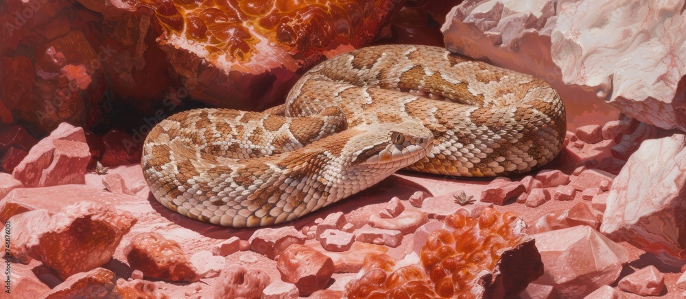 Poster a neotropical rattlesnake is coiled up on some tiny red stones, showcasing its distinctive markings 