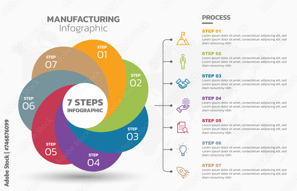 Poster Visual data presentation. Cycle diagram with 7 options. Pie Chart Circle infographic template with 7 steps, options, parts, segments. Business concept. Marketing infographic vector illustration.