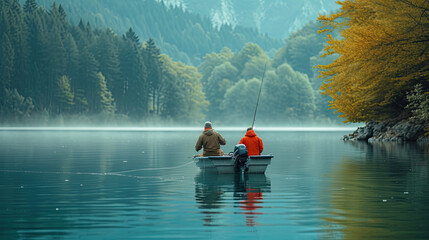 two fishermen in a boat on a calm misty lake 