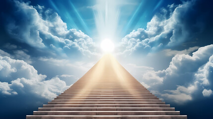 The stairs rise to the endless blue sky, symbolizing the path to success and achievement - obrazy, fototapety, plakaty