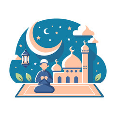 Muslim man praying in front of mosque and moon. Vector illustration in flat style. ramadan kareem, eid fitr, religion and spiritual concept.