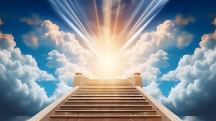 The stairs rise to the endless blue sky, symbolizing the path to success and achievement
