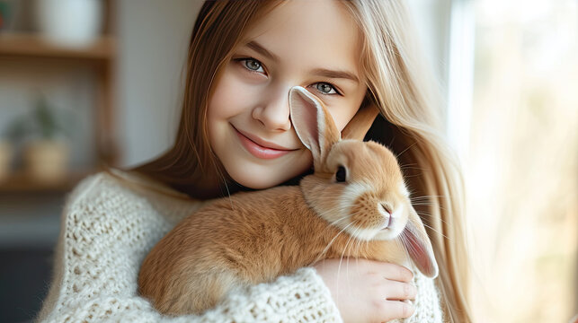 young girl holding a rabbit by a window 